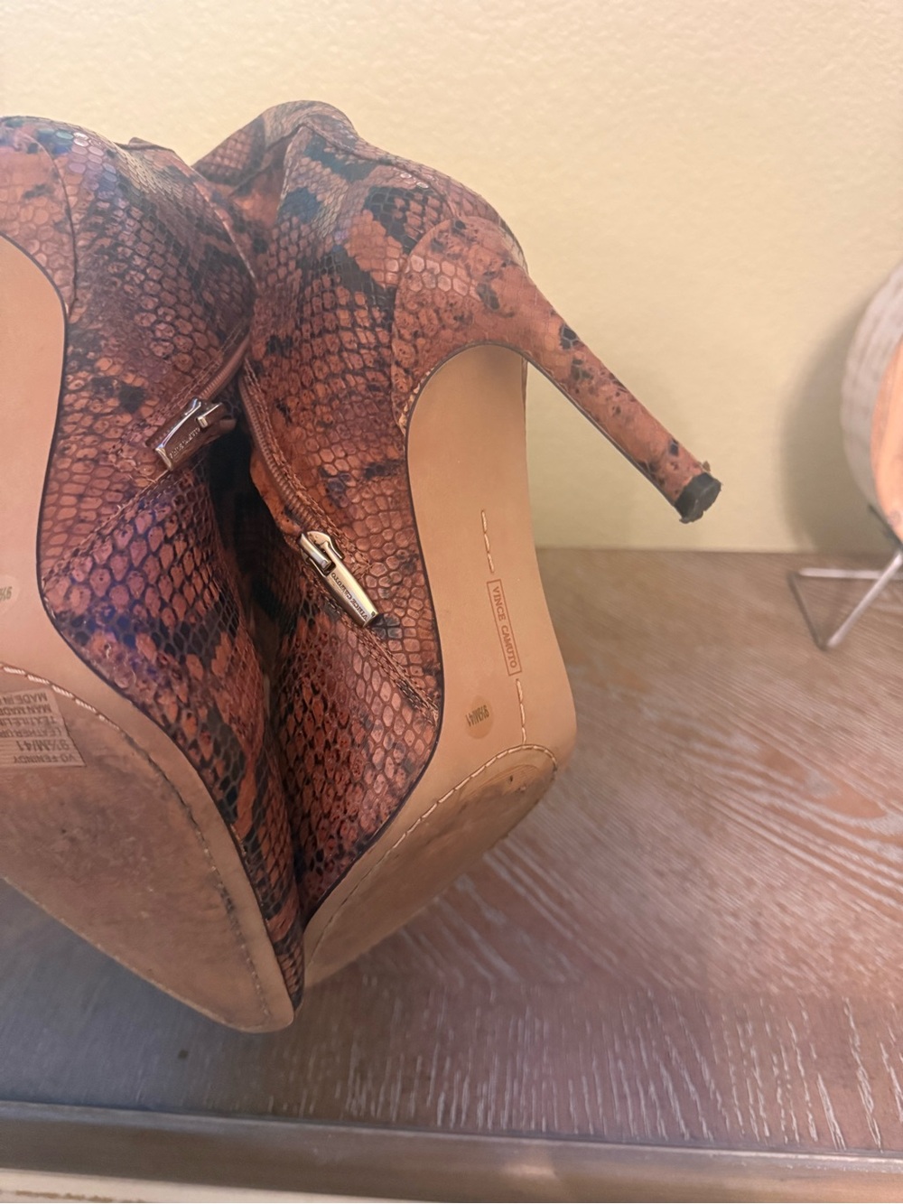 Vince Camuto Brown Snake-Print Knee-High Heeled Boots - Picture 3 of 5